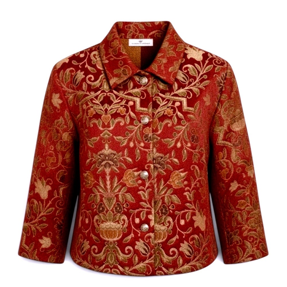 VTG Erin London Rust Red Gold Tapestry Floral Damask Button Front Jacket 1X
